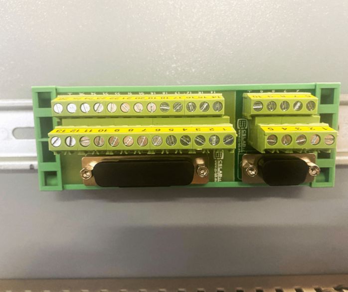 DIN rail connector: DB25 + DB9 terminal block + ribbon wires